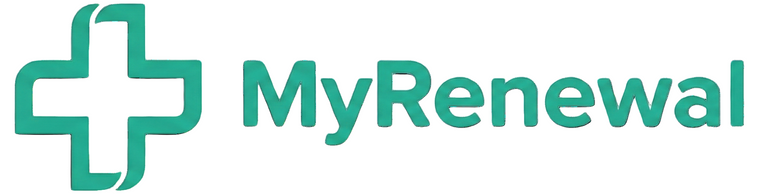 MyRenewal logo with a green cross on a white background